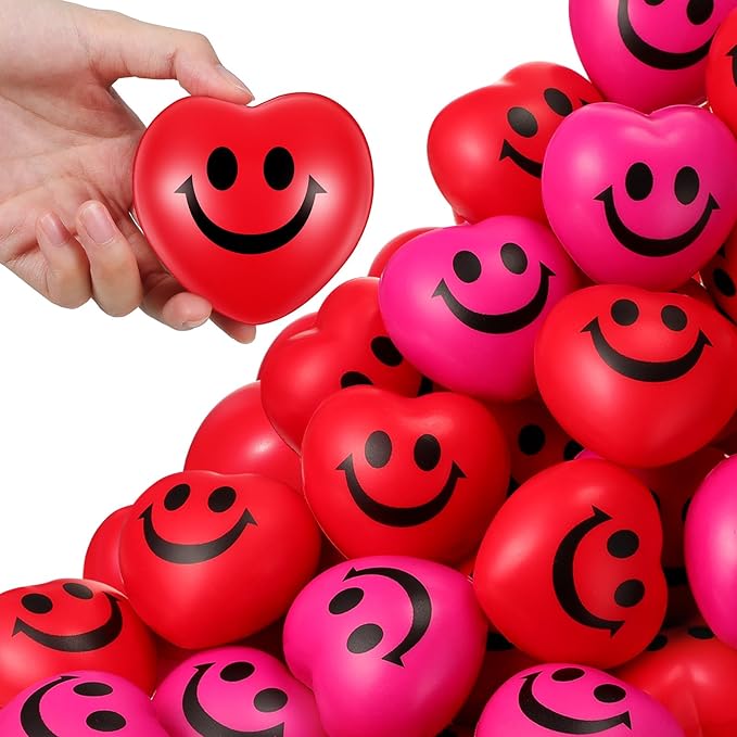 Zubebe 48 Pcs 2.76'' Valentine's Day Heart Stress Balls Heart Shaped Smile Face Ball Stress Relief Balls Valentines Day Gifts for Staff Kids Adults Party Favors School Reward(Red, Pink)