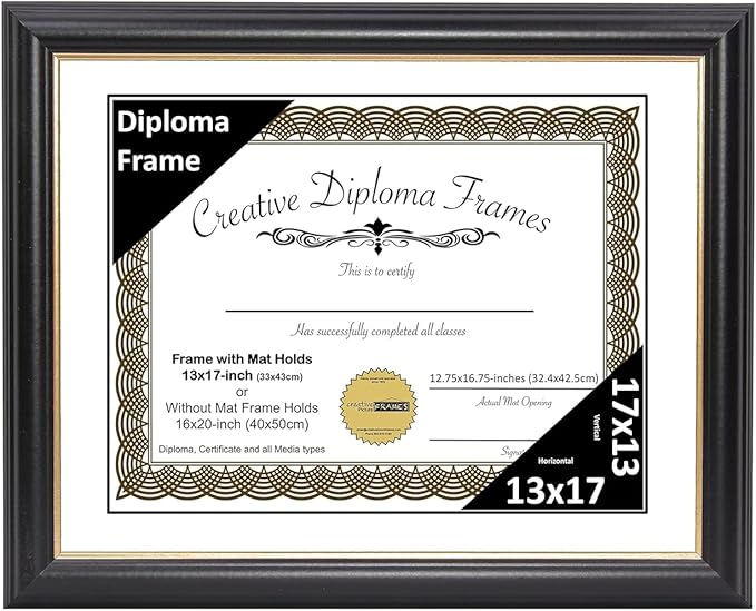 Creative Picture Frames 13" x 17" Rockefeller Black with Gold Rim Diploma Frame, Displays 13" x 17" Certificate or 16" x 20" Document without Mat, College Degree Frame, Full-Strength Glass, White Mat
