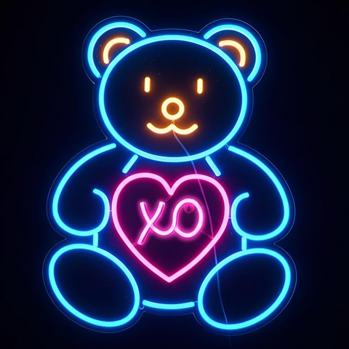 Blue Teddy Bear Neon Sign for Wall Decor, Cute XO Heart LED Neon Light for Girls’ Room & Teen Bedroom, Adorable Neon Wall Art for Valentine’s Day Gift & Cozy Bedroom Decor 15.8"x12.6"