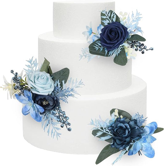 Rinlong 3Pcs Pre-made Cake Flowers Navy Blue Cake Decorations Wedding Cake Decorating Flowers Decor Birthday Baptism Party Artificial Flowers Cake Toppers