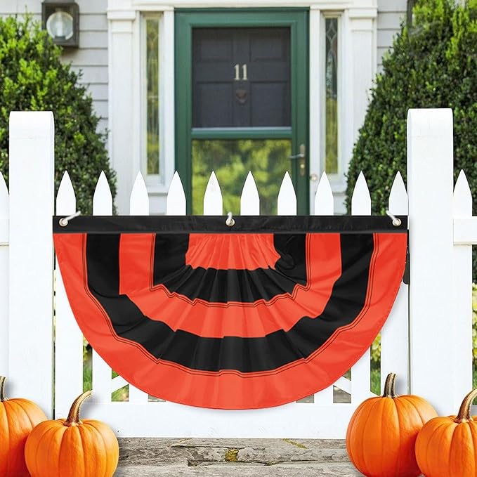 4Pack Halloween Bunting Flags 2x4ft Fully Sewn Orange & Black 5 Stripe Pleated Half Fan Flag Banner Trick or Treat Happy Halloween Party Decor Outside Porch Yard Garden Indoor Wall