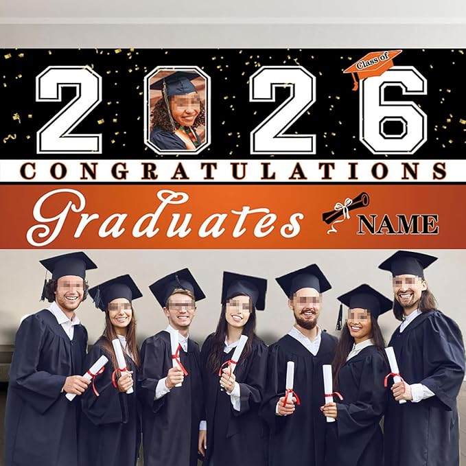 Custom Photo Graduation Garage Door Banner Personalized 2026 Grad Banner 7x16ft Porch Door Sign Decoration Outdoor Photo Booth Backdrop Party Supplies(Orange)