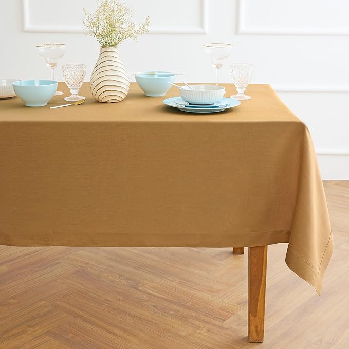 Solino Home Linen Tablecloth 52 x 52 Inch - 100% Pure Linen Caramel Square Tablecloth - Fete, Machine Washable Table Throw for Spring, Easter