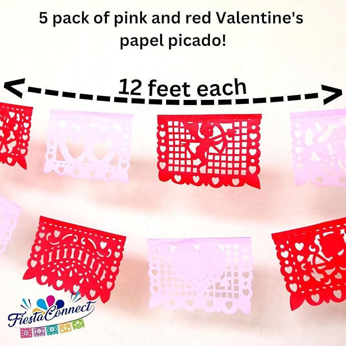 Pink Red Valentine's Day Decorations for Party, Valentines Day Decor, Valentine Papel Papel Banner, Heart Streamers Valentines Banner, San Valentin Garland Bunting | 60ft Total | 5 Pack
