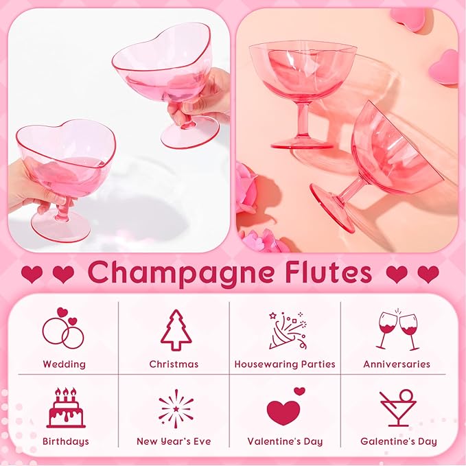 Valentine's Day Pink Couple Glasses Set of 2, Mr and Mrs Champagne Flutes Gift 10 oz Heart Shaped Romantic Martini Glasses Bride and Groom Champagne Flutes Toasting Cups Wedding Party Supply