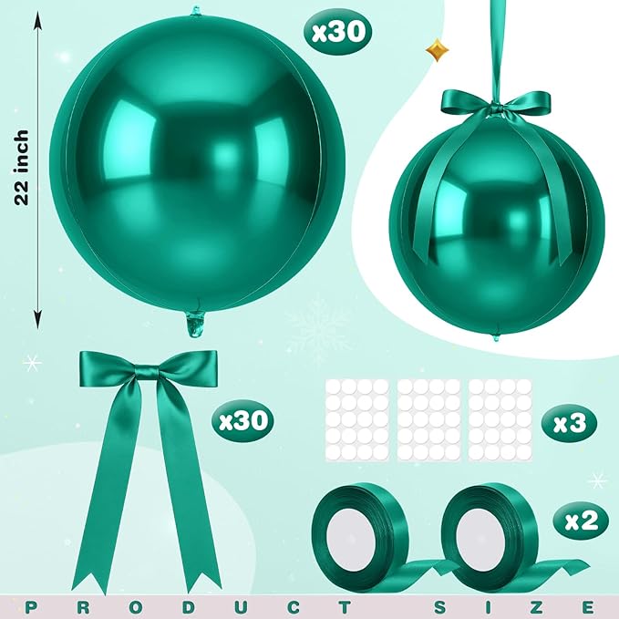 Jenaai 30 Set Round Foil Balloons Bulk 22 Inch 4d Metallic Giant Balloons Set with Satin Bows Ribbon for Ceiling Holiday Ornaments New Year Birthday Wedding Party Decoration(Green)