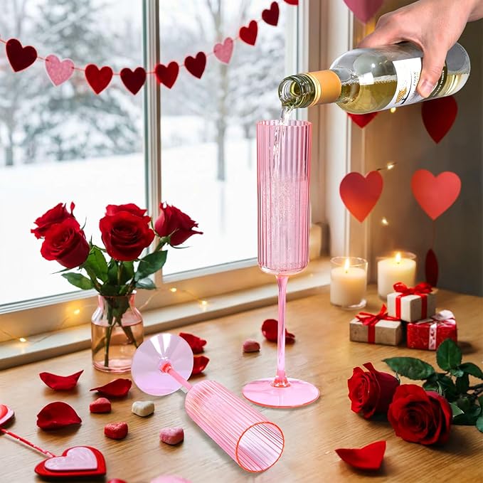 36 Pack Pink Plastic Champagne Flutes - 6oz Ribbed Disposable Champagne Glasses - Clear Pink Vintage Mimosa Glasses with Long Stem Elegant & Lightweight for Valentine's Day Wedding Party
