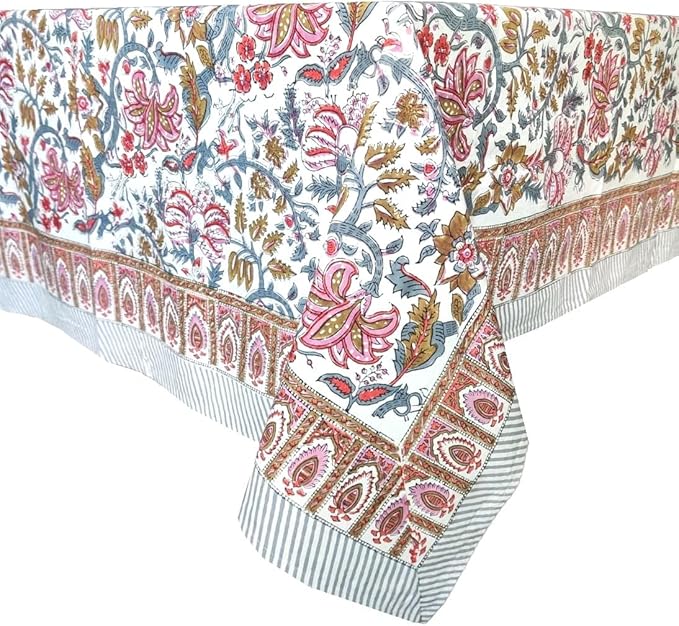 ATOSII Eden 100% Cotton Tablecloth, Handblock Floral Print Rectangle Linen for Kitchen Dining I Parties Wedding Christmas Thanksgiving Outdoors I Spring Summer 60 X 90 Inches I 6 Seater Table