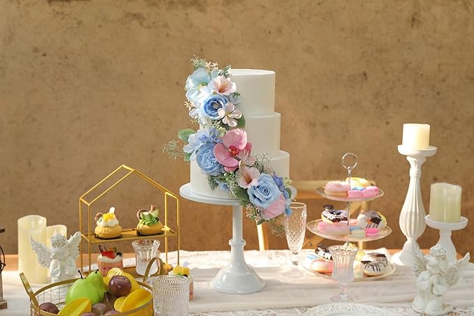 Serra Flora 3Pcs Pre-made Silk Flowers Cake Topper Artificial Blue Wedding Cake Decorating are Perfect for Weddings, Anniversaries,Birthday parties.
