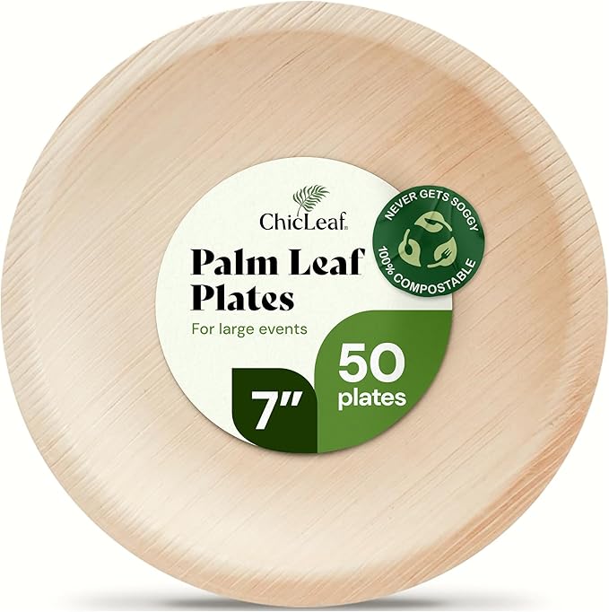Chic Leaf 7 Inch Palm Leaf Plates - Heavy Duty Disposable Party Tableware - Bamboo Style Round Saucers for Wedding Appetizers, Winter Events & Upscale Look for Valentine’s Meal (50 Pack)