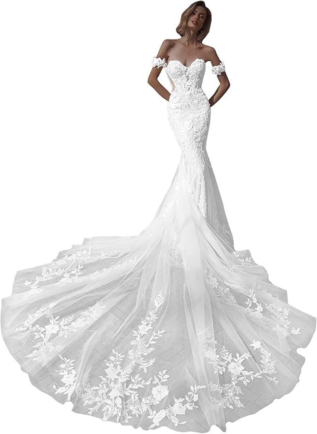 Zeeyecie Mermaid Tulle Wedding Dresses Lace Applique Corset V-Neck Sparkly Bridal Gowns with Train for Brides