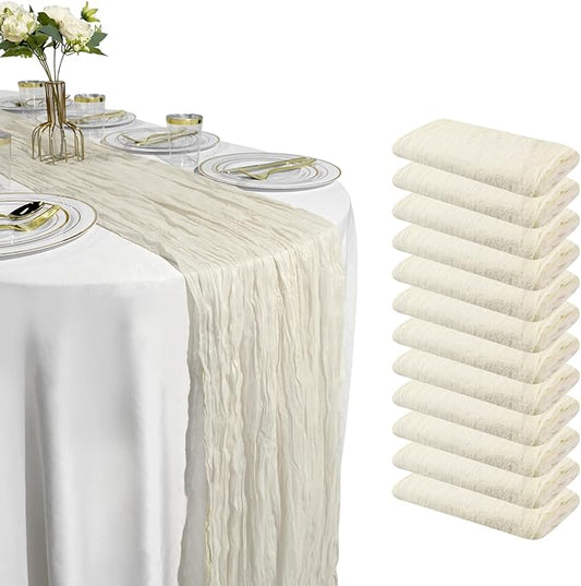 12 Pack Beige Cheesecloth Table Runner – 10FT x 12pcs Soft Gauze Boho Table Runners for Baby Shower, Coastal Wedding, Modern Rustic Party Decor