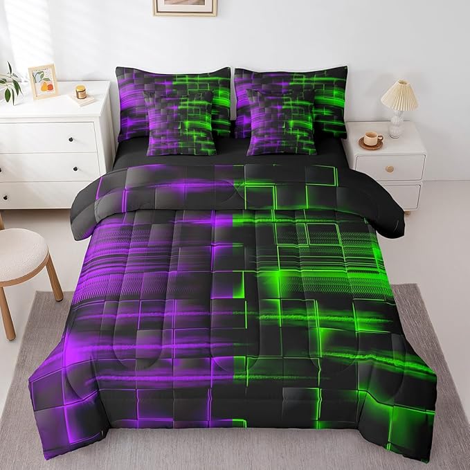 Feelyou Green and Purple Comforter Set with Sheets 7 Piece Queen Size Kids Geometric Bed in a Bag Strip Lines Bedding Set Abstract Art Bed Set with Comforter, Sheets,Cushion Covers