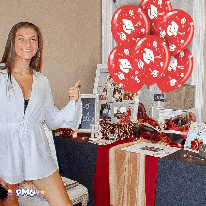 PMU 100 Pcs Red Graduation Balloons Class of 2025 with All-Over Print White Grad Caps-Confetti and Streamers | Graduation Party Supplies | Congratulations Grad Latex Balloons Latex
