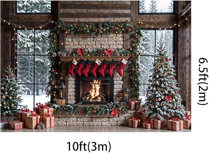 Kate 10x6.5ft Christmas Photo Backdrop Winter Fireplace with Stockings Decoration Snow Window Backgronds Christmas Tree Scene Xmas Party Background for Photography