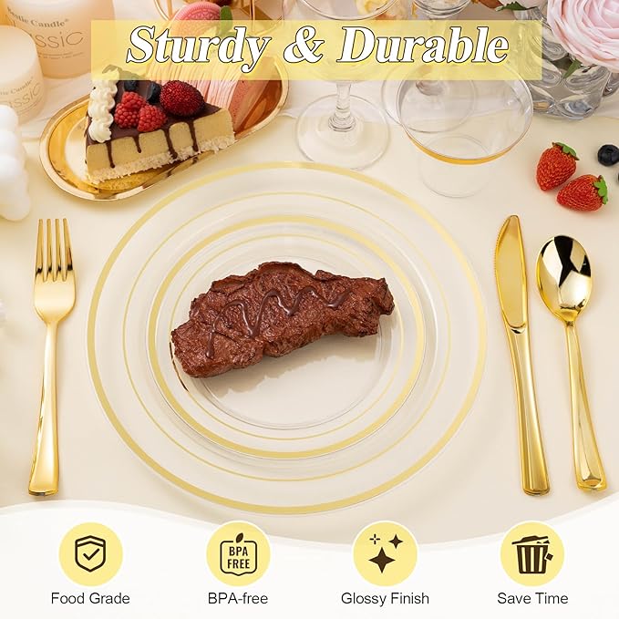 BESTSTAR 200PCS Clear Gold Plastic Plates Set, 100 10.25 inch Dinner Plates and 100 7.5 inch Dessert Plates, Disposable Plates for Party, Wedding