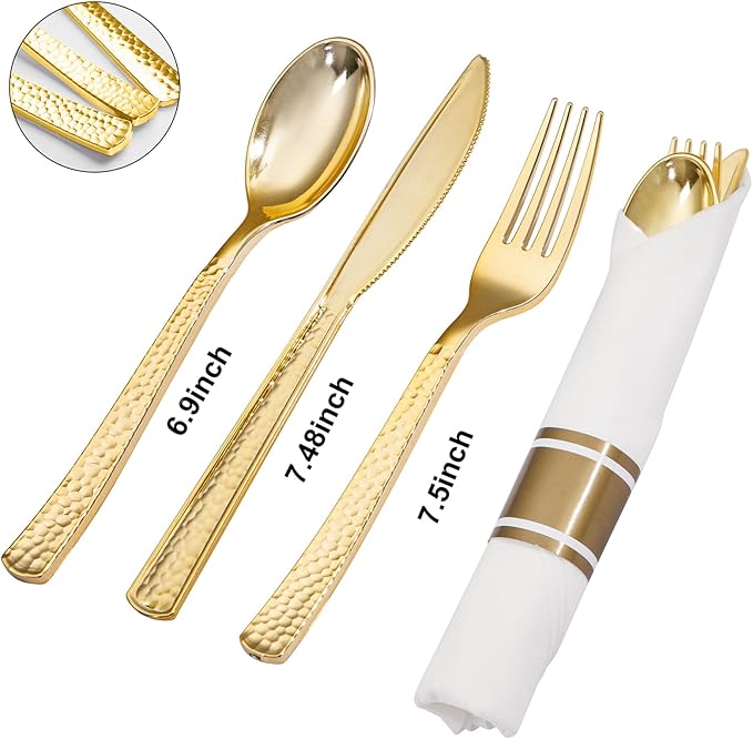 Nervure 400PCS Pre Rolled Gold Plastic Silverware Sets - Heavy Duty Hammered Gold Cutlery Include 100 Pack Wrapped Disposable Utensils with Napkins for Parties, Dinners & Weddings