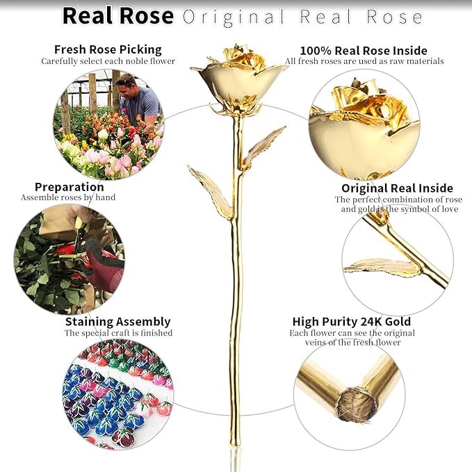 24K Golden Rose, Gold Dipped Rose Made from Real Rose Best Gifts for her and Great Gifts for My Wife, Golden with Stand