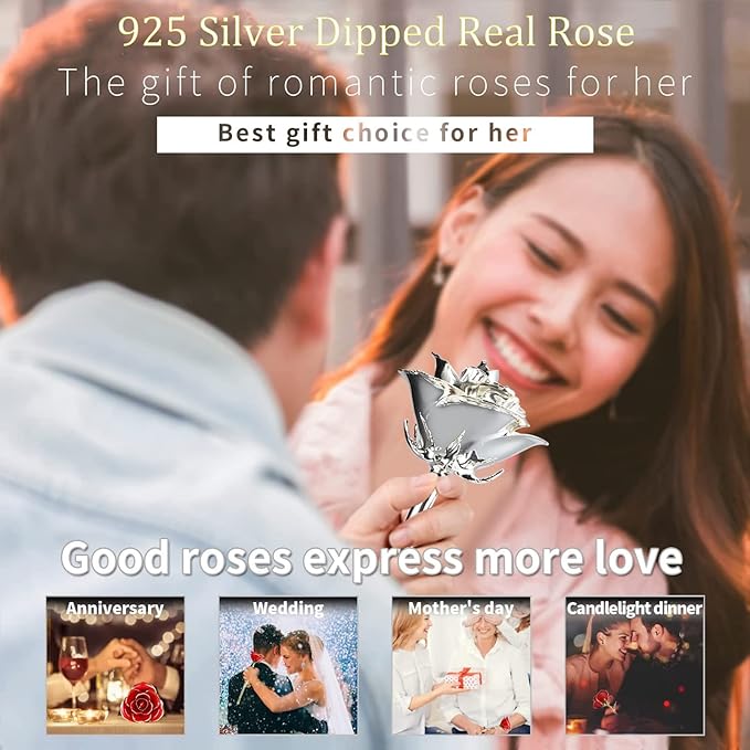 Silver Rose, Silver Dipped Rose Made from Real Rose Best Gifts for her and 25th for Wife, Silver with Stand