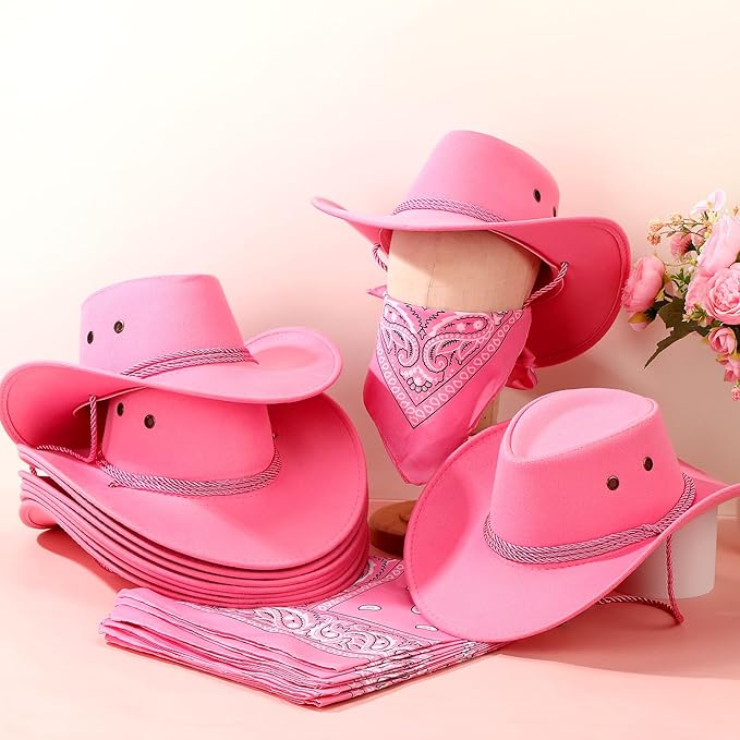Coume 10 Set Cowboy Hat and Bandana for Women Men 10 Felt Cowgirl Cowboy Hat Bulk 10 Western Bandanas for Adult Costume Party