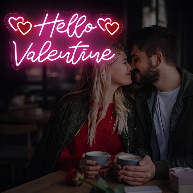 Hello Valentine Neon Sign for Wall Decor, Sweet Pink Heart LED Neon Light for Valentine’s Day Decorations, Neon Wall Art for Bedroom, Living Room & Romantic Date Night Decor 16.5"x8.5"