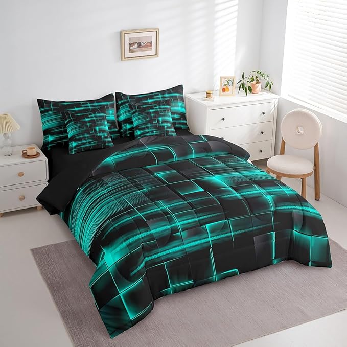 Feelyou TealBlue Black Bedding Set Twin Size Boys Girls Geometric Strip Lines Comforter Set with Sheets 7 Piece for Bed in a Bag Abstract Modern Bed Set with Comforter,Sheets,Pillowcases