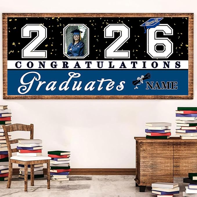 Custom Graduation Garage Door Banner Decoration 7x16ft with Photo Congrats Garage Door Cover 2026 Party Photo Booth Backdrop Party Supplies(Blue)