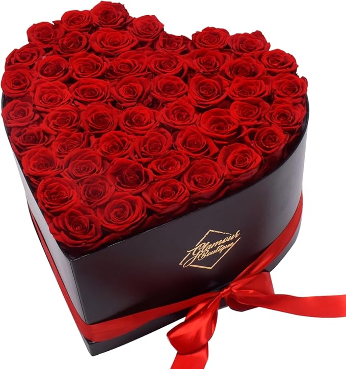 GLAMOUR BOUTIQUE 50 Flower Forever Heart Shape Box, Eternal Preserved Roses Gift for Her, Lasting Flowers, Grand Floral Heart Arrangement for Birthday, Anniversary Valentine’s Day, Red (Color-Treated)
