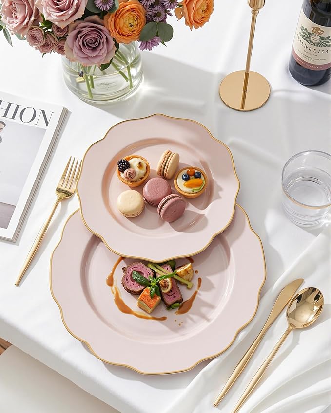 bUCLA 180PCS Pink Plastic Plates - Pink with Gold Rim Disposable for Party Include 30 Each (Dinner & Dessert) Plates, 30 Knives, 30 Forks, 30 Spoons, 30 Cups for Wedding, Birthday & Shower