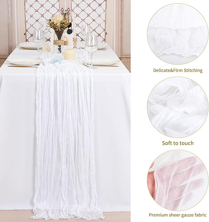 20 Pack White Table Runner 10Ft Cheesecloth Table Runner Boho Gauze Table Runners Romantic Long Sheer Fabric Cheese Cloth Table Runners for Wedding Party Bridal Shower(White)