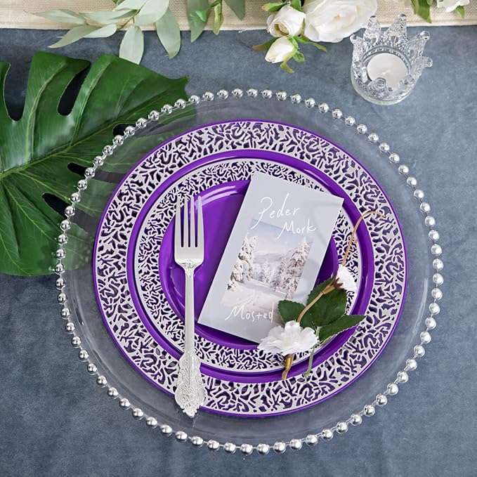 U-QE 150PCS Purple Silver Plastic Plates with Silver Silverware, Silver Party Supplies for 30 Guests Include 30 10.25" and 30 7.5" Plates, 30 Forks, 30 Knives, 30 Spoons