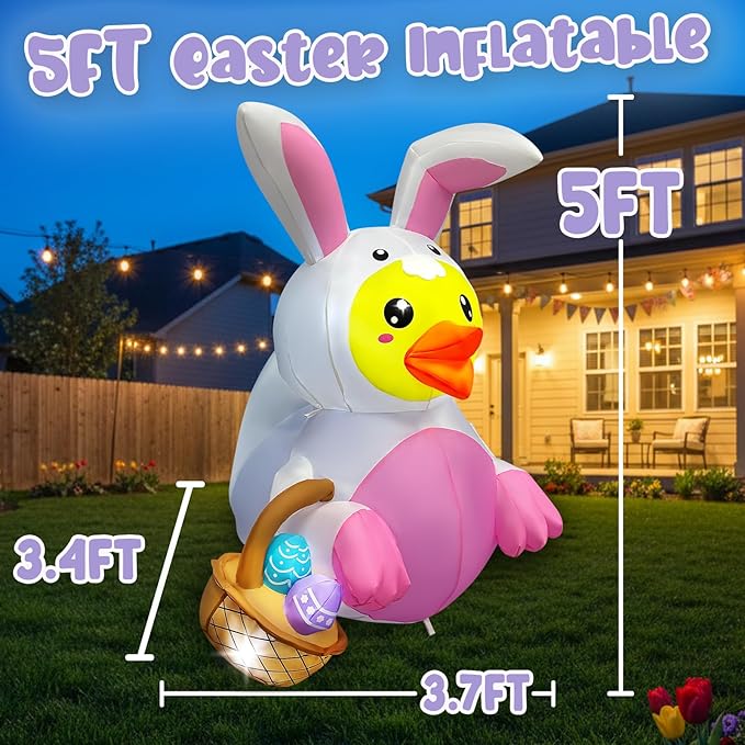 5FT Easter Inflatable Duck with Bunny Ears and Egg Basket, Built-in LED Lighted Blow Up Decoration for Home, Yard, Outdoor, Indoor, Garden, Lawn Easter Inflatables Outdoor Decorations