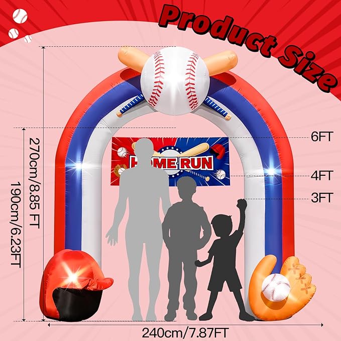 Eyourlife 9FT Giant Baseball Inflation Arch for Baseball Party Decorate with Baseball Home Run Banner 1Blower and 5 Light for Baseball Team Coach Stadium Yard Outdoor Birthday Blow-Up Decorate