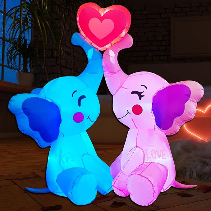 Inlflatable Valentines Decorations,Blow Up Couple's Elephant with LED Lights Outdoor Decor for Romantic Party,Wedding Anniversary, Home,Patio,Lawn Garden Yard Valentine's Decor