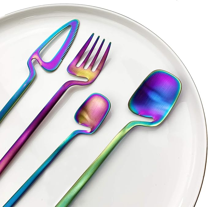JASHII Silverware Set Satin Finish 24-Piece Stainless Steel Flatware Set Kitchen Utensil Set Service for 6 Tableware Cutlery Set Dishwasher Safe (Matte Rainbow)