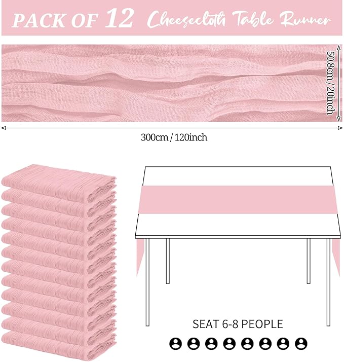 12 Pack Cheesecloth Table Runner 20 x 120 inch Cheese Cloth Table Runner Bulk,Romantic Boho Sheer Gauze Fabric Table Runners for Wedding Reception,Party,Bridal Shower Table Decor(Light Pink)