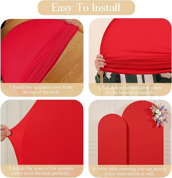 Red Arch Backdrop Cover Set of 3 - Spandex Arch Covers 7.2FT 6.6FT 6FT Stretchy Fabric Backdrop for Wedding Ceremony, Bridal Baby Shower, Birthday Party, Photo Booth Background Decor