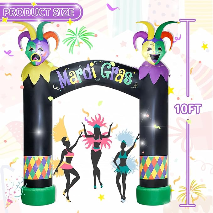 10FT Mardi Gras Inflatable Arch with LED Lights - Halloween Blow Up Outdoor Decoration, Jester Mask Archway for Party/Yard/Garden/Lawn, Built-in Sandbags & Easy Set up
