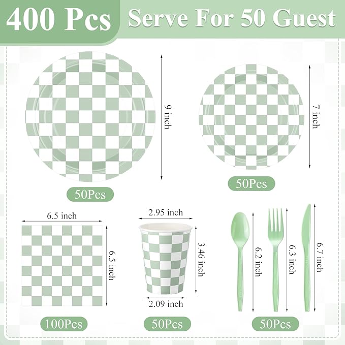 Pickmesh 400 Pcs Sage Green and White Checkered Party Decorations Set Light Green Gingham Disposable Paper Plates Napkins Cups Cutlery Plaid Party Decorations for Baby Shower Wedding Birthday Serve 50