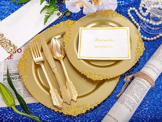 Morejoy 175PCS Solid Gold Plastic Plates with Gold Rim，gold disposable dinnerware sets Include 25 Dinner Plates,25 Dessert Plates,25 Cutlery Sets,25 Napkins Perfect for Party & Christmas