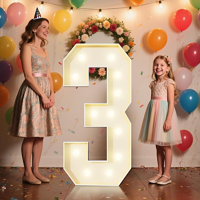4FT Marquee Numbers 3 Sign,Large Light Up Numbers Party Decoration - Hook and Loop Fastener,No Tools Easy Setup, Corrugated Plastic for Birthdays Weddings Baby Anniversaries(Numbers 3)
