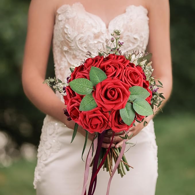 AmyHomie Artificial Flower Red Rose 100pcs Real Looking Fake Roses w/Stem for DIY Wedding Bouquets Centerpieces Arrangements Party Baby Shower Valentines Day Christmas Tree Decorations