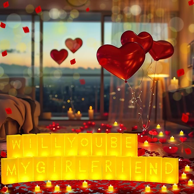 6093 Pcs Will You Be My Girlfriend Light up Letters with LED Flameless Tealight Candle Red Rose Petal Letter Luminary Paper Bag for Valentine's Day Decoration Romantic Special Night Decor