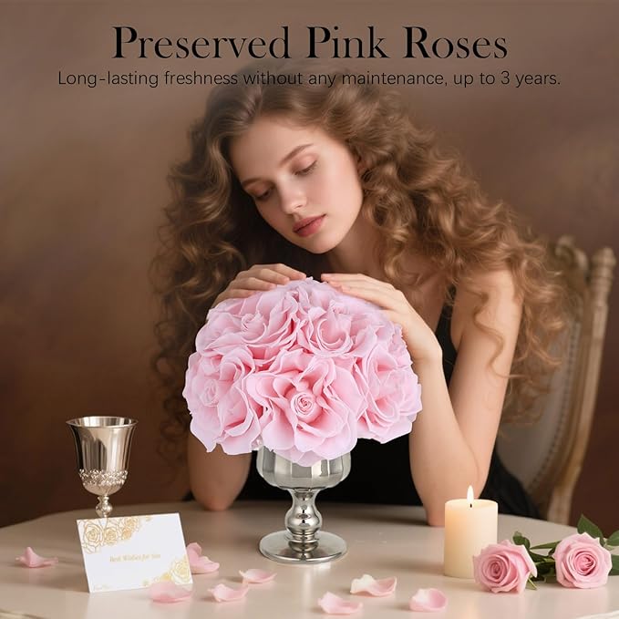 Forever Flowers Preserved Pink Roses in Glass Vase, Flower for Delivery, Eternal Roses Romantic Gift for Women, Table Centerpiece Flowers for Home Decor, Birthday Anniversary Valentine’s Day Gift