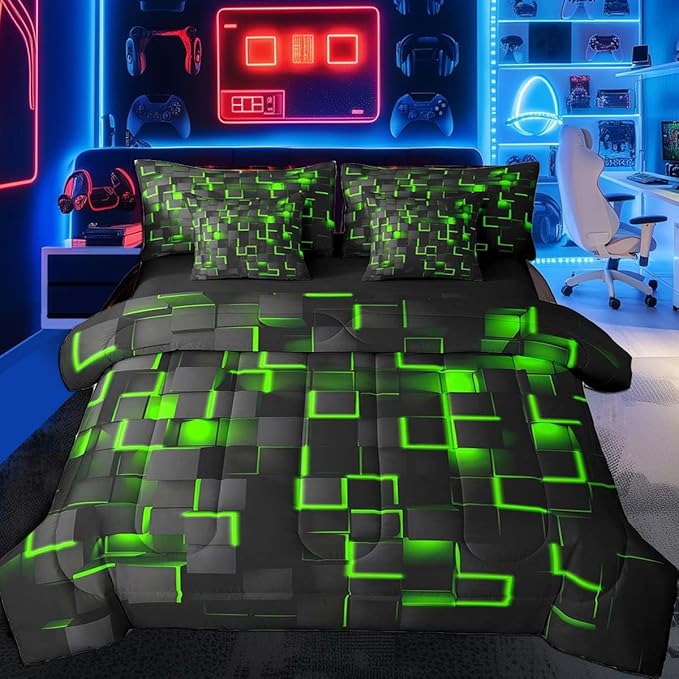 Feelyou Green and Black Bedding Set Full Size Light Geometric Comforter Set with Sheets 7 Piece for Kids Boys Decor Bed in a Bag Modern Style Bed Set
