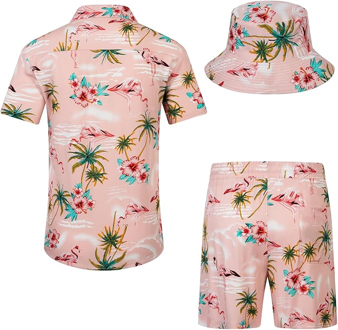 EISHOPEER Men's Flower Hawaiian Sets Casual Short Sleeve Shirt and Shorts Suits Outfits with Bucket Hats