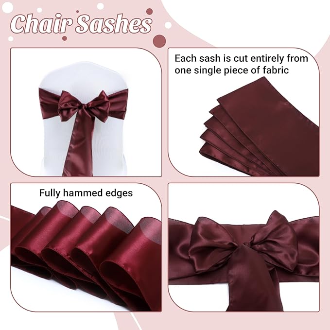 VDS Satin Chair Sashes Chair Cover Back Tie Sateen Bows Ribbon for Wedding Birthday Graduation Engagement Ceremony Event Party Banquet Venue Hotel All Dining Chair Decoration (40PC) (Burgundy)