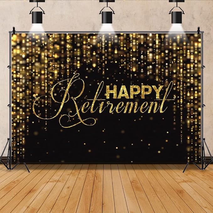 10x6.5ft Happy Retirement Photography Backdrop Luxury Black and Gold Party Backdrop Background Gold Glitter Celebrate Retirement Party Decorations Wallpaper Studio Props Bokeh Banner Supplies