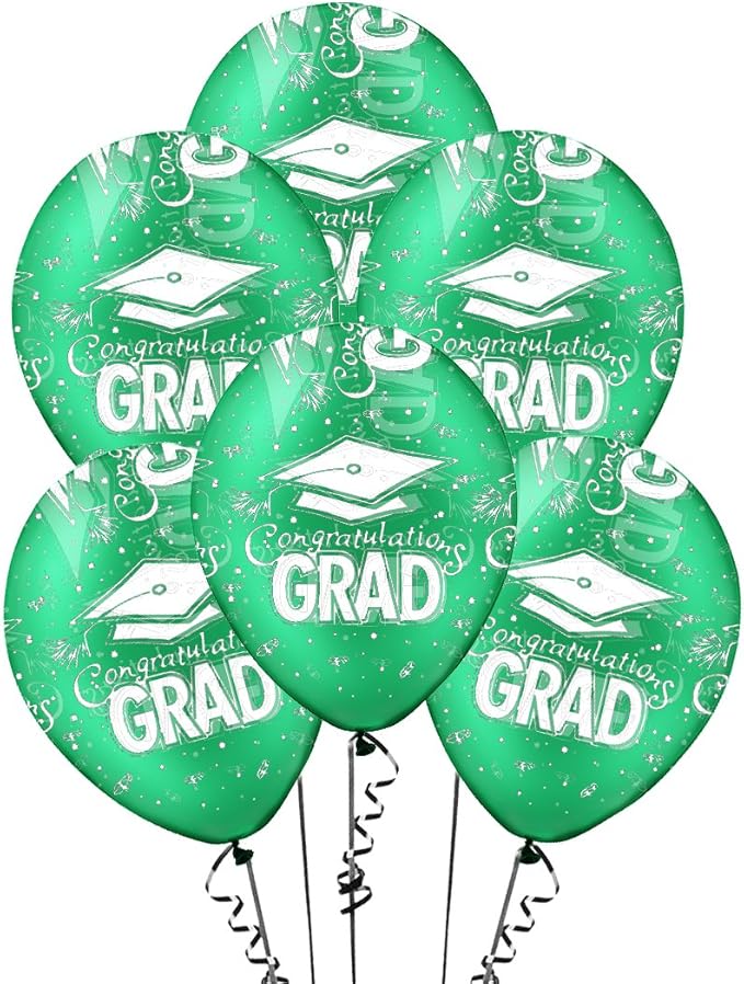 PMU 100 Pcs Crystal Green Graduation Balloons Class of 2025 with All-Over Print White Grad Caps-Confetti and Streamers | Graduation Party Supplies | Congratulations Grad Latex Balloons Latex