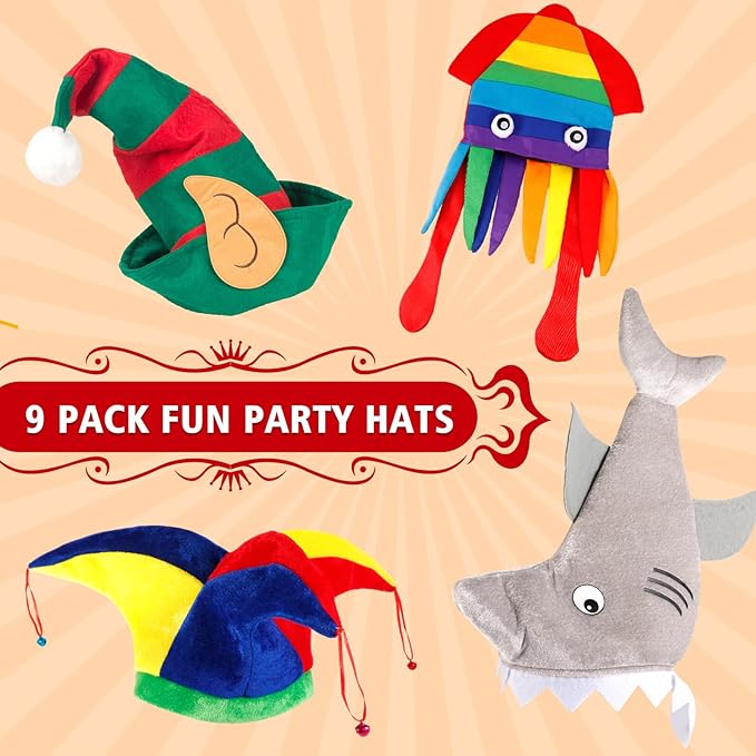 18 PCS Novelty Party Hats and Funny Glasses Pack for Photo Booth Props, 9 Assorted Funny Hats, 9 Fun Sunglasses Props, Crazy Party Hat, Fun Costume Hat Glasses Accessories for Adults